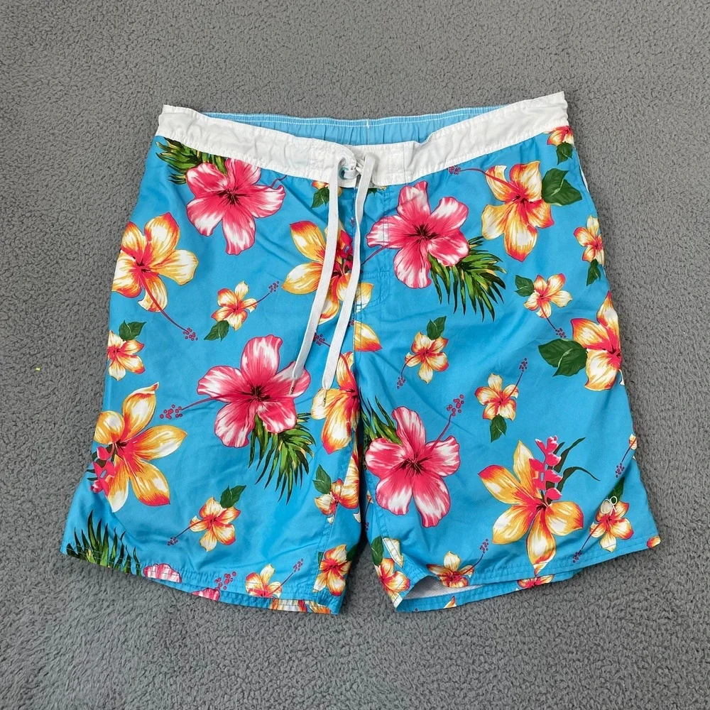 Ocean Pacific OP Swim Trunks Men XL Blue Floral Hibiscus Lined Beach Surf